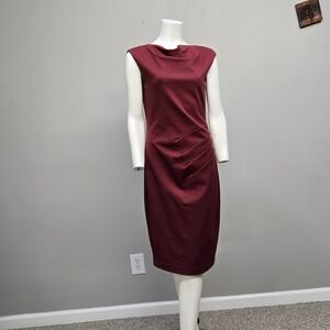 Boden Midi Sheath Dress Size 6 Burgundy Cowl Neck Ruched Stretch Ponte Knit Work